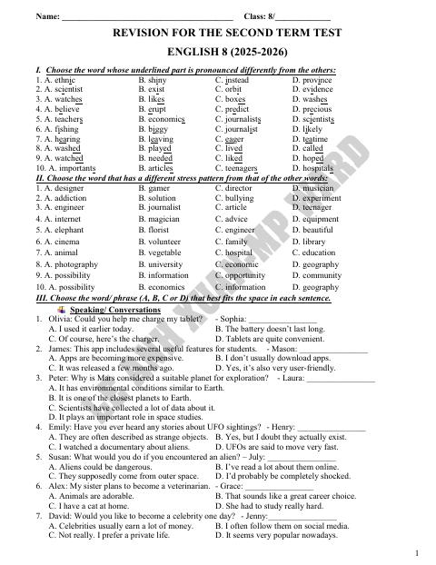 Đề cương ôn tập Học kì 2 Tiếng Anh 8 năm 2025–2026 trường THCS Lê Anh Xuân (TP Hồ Chí Minh)